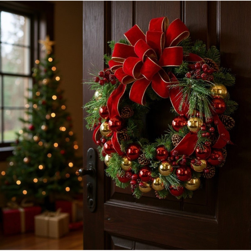 Birch Lane™ Red and Gold Holiday Wreath with Ornaments and Pine
